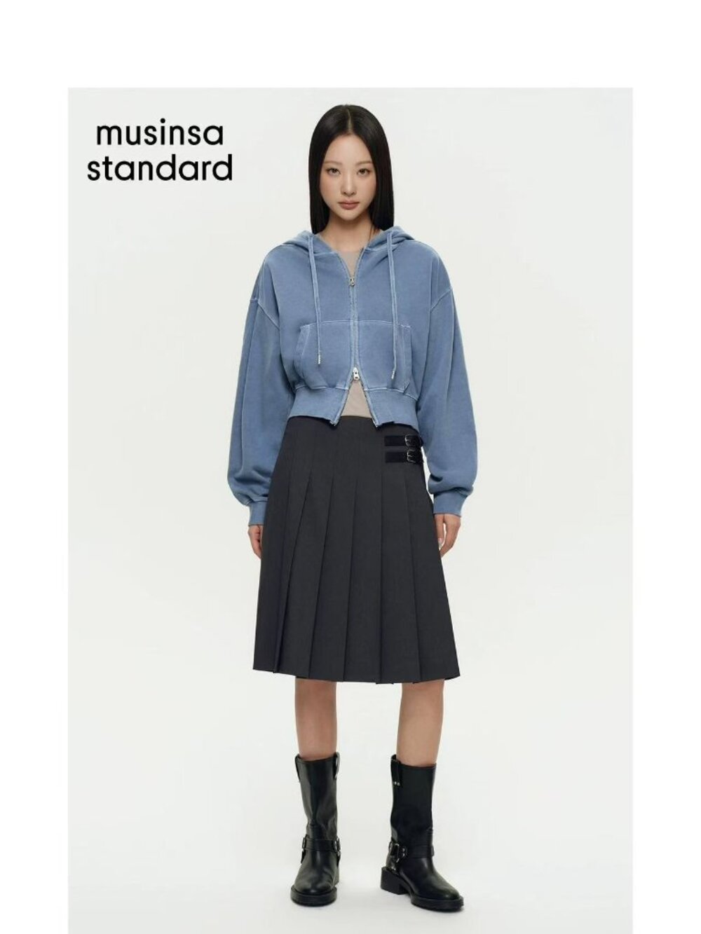 MUSINSA Womens Pigment Volume Cropped Hooded Sweat Zip-Up [Blue Gray]